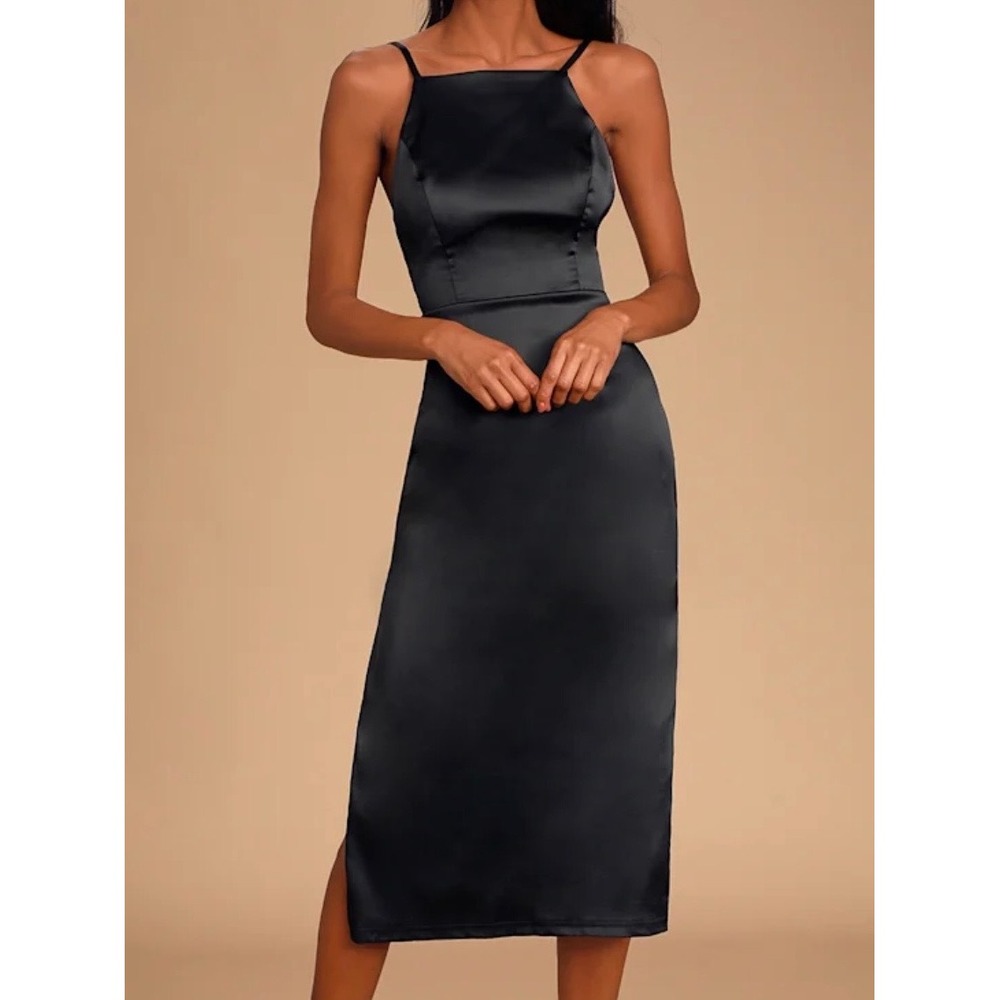 Lulus Kaisley Black Satin Backless Midi Dress Square Neck Minimalist Chic Medium